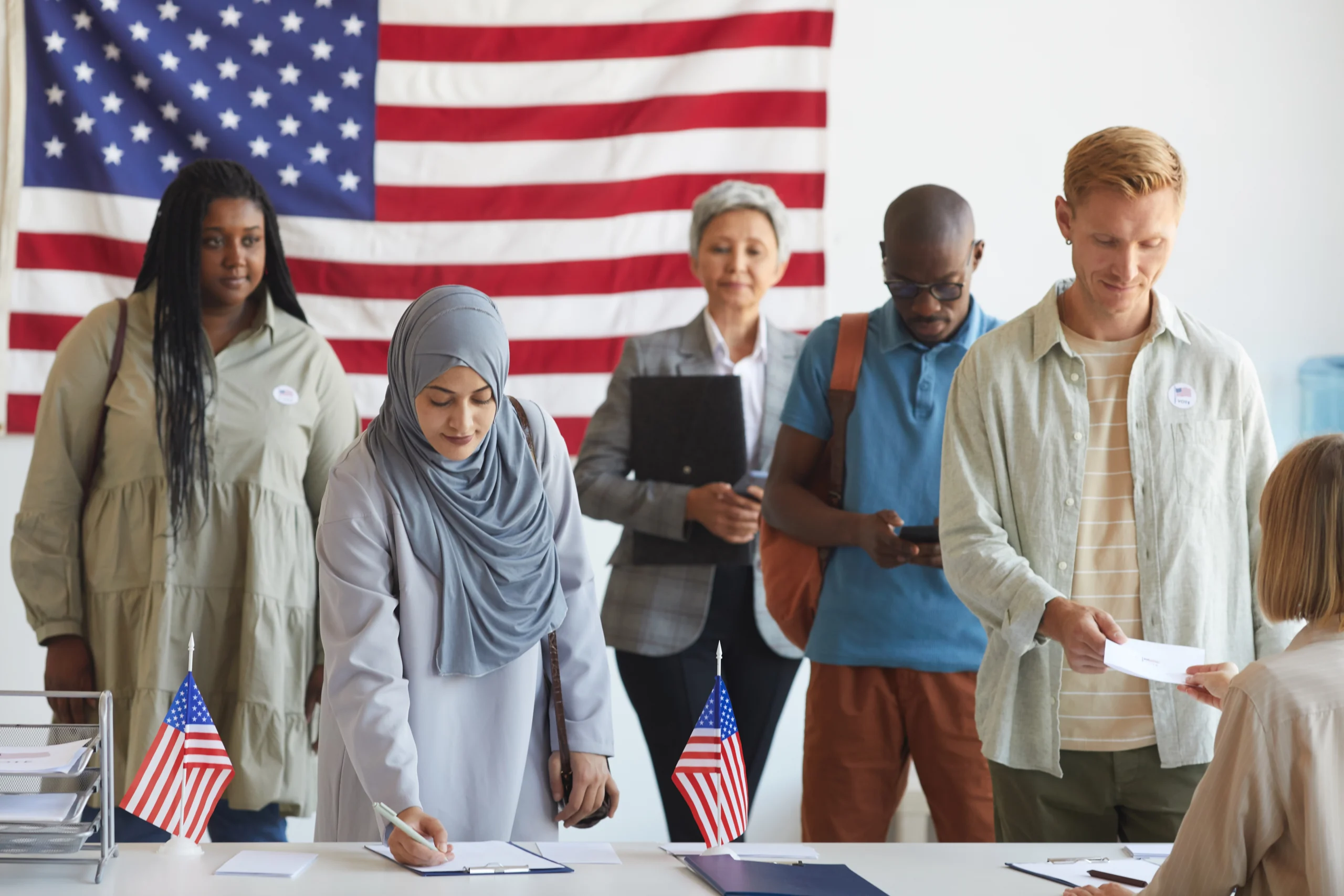 group of immigrants at registration