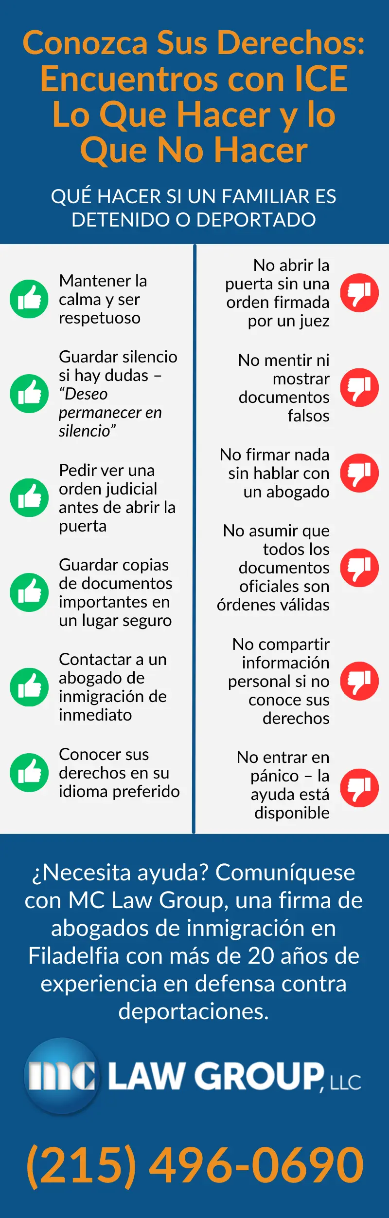 Conozca Sus Derechos Encuentros con ICE Lo Que Hacer y lo Que No Hacer infografía - MC Law Group